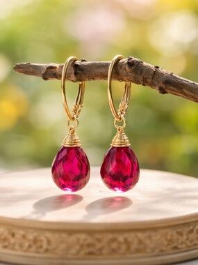 New Rhodolite Garnet Earrings 14k Yellow Gold Filled , January Birthstone